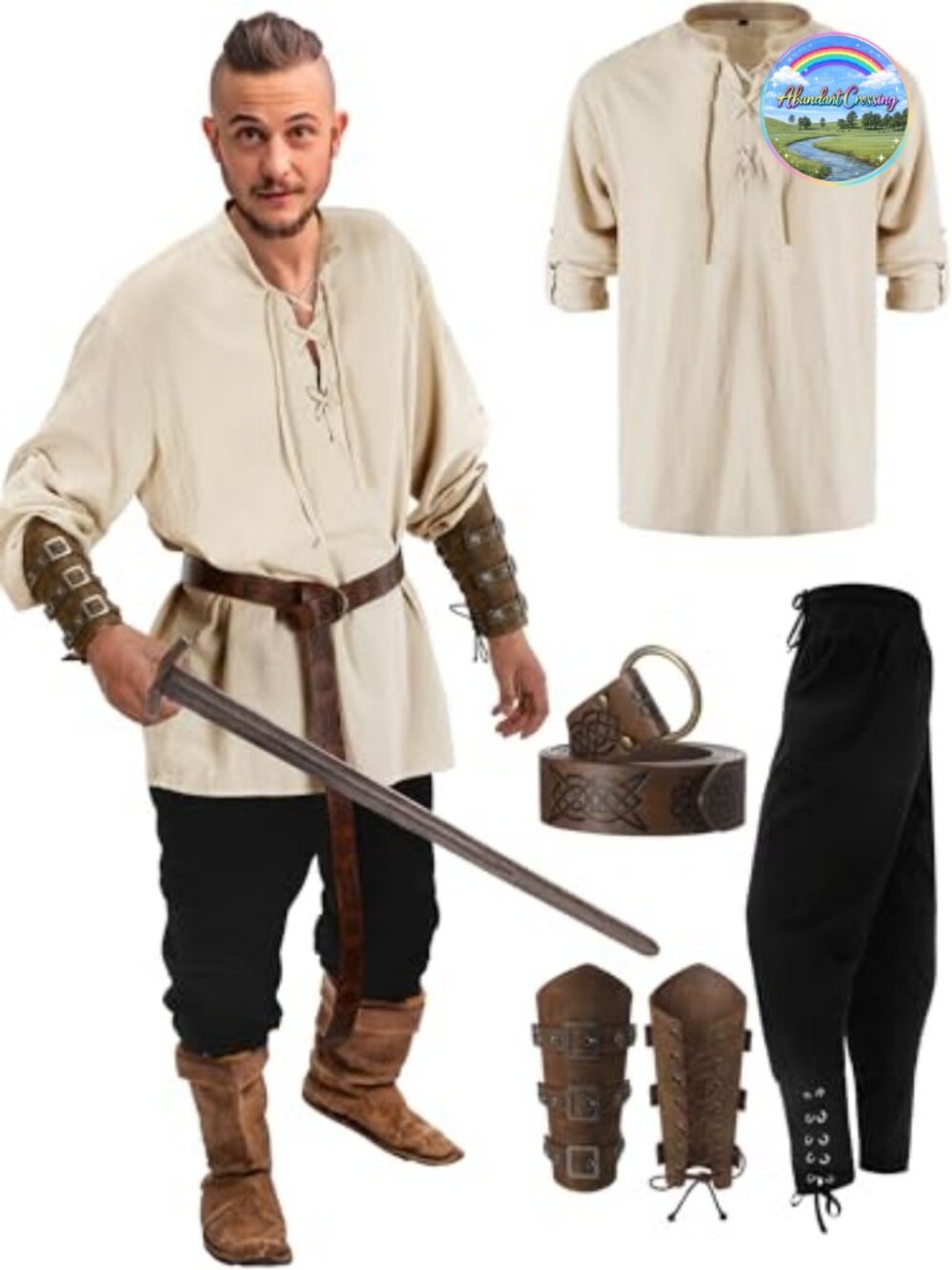 Men's Renaissance Medieval Costume 4 Piece Set Cotton Shirt Pants Belt Wrist